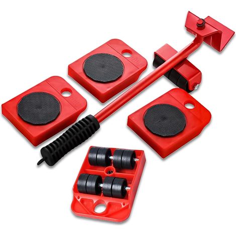 Ensemble de 5 outils robustes pour le déménagement de meubles, comprenant un levier de levage, des patins, des roulettes et des roues pour le déplacement de canapés, d'armoires et de réfrigérateurs. (1/5)
