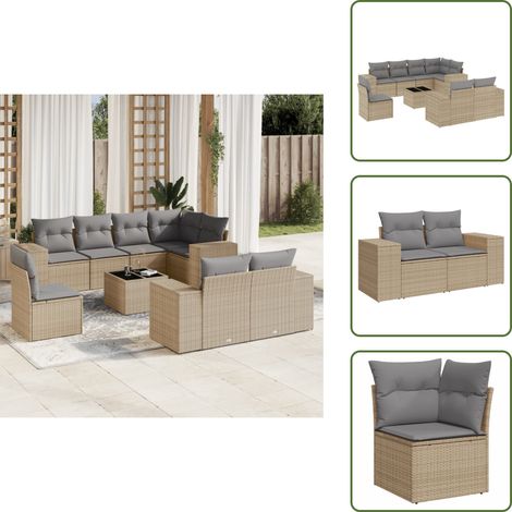 Ratán sintético - vidaXL Set de sofás de jardín 9 pzas con cojines ratán sintético beige - Sofás de jardín con cojines