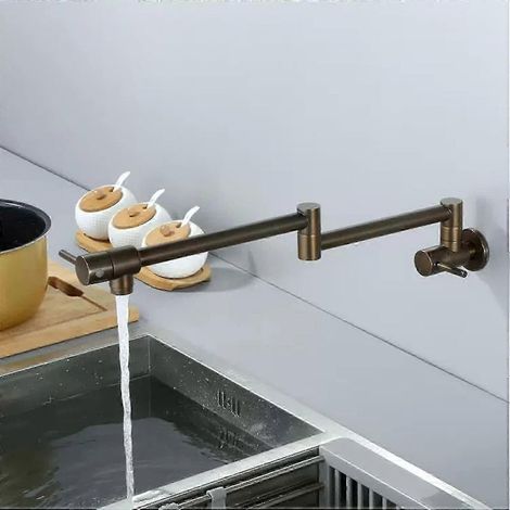 Rubinetto a parete in ottone anticato con doppio braccio articolato pieghevole. (1/5)