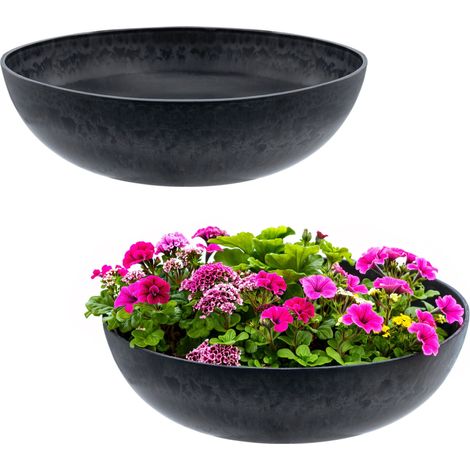 Kunststoff Pflanzschale massiv in Stein Optik 2er Set - 30 x 9 cm - Premium Blumenschale marmoriert für Außen und Innen
