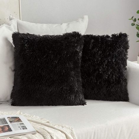 2 taies d'oreiller en fourrure artificielle, noir-