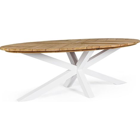 Tavolo ovale "Palmdale" con piano in legno teak, gambe in alluminio, per esterno -Bianco / Ø 160 cm (1/5)