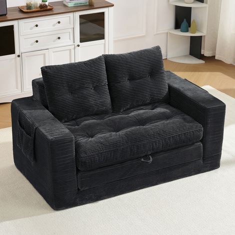 Divano a 2 posti 31x34x92 cm, trasformabile in letto, tasche laterali, velluto a coste nero (1/5)