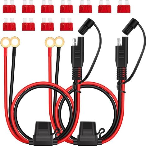 Lot de 2 Connecteur SAE, 16AWG 2 Broches Câble de Charge SAE, Bornes de Batterie SAE, Câble Connecteur SAE avec Fusible 10A pour Moto, Voiture, Tracteur, rallonge de Batterie SAE, 60cm