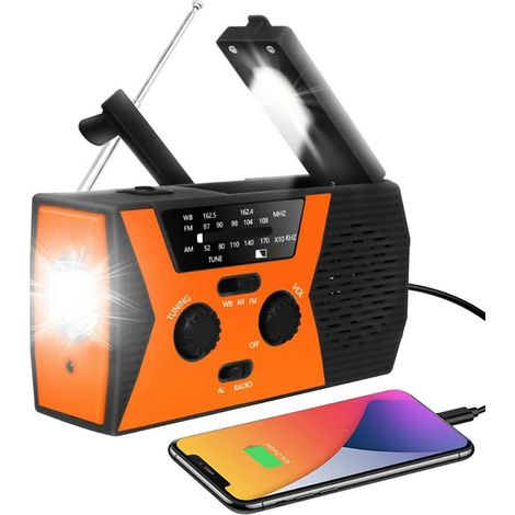 Radio météo d'urgence 2000 mAh avec batterie externe, chargement solaire, manivelle, alarme SOS. (1/5)