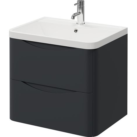 Vela Satin Anthracite 600mm Wall Mounted 2 Drawer Vanity Unit with Anya Basin