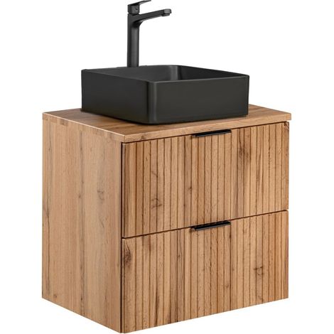 Badmöbel Waschtisch Unterschrank Set Wotaneiche gerillt, Keramik-Waschbecken schwarz, 2 Softclose-Schubkästen, B/H/T 60,6/72,2/46,5 cm (1/5)
