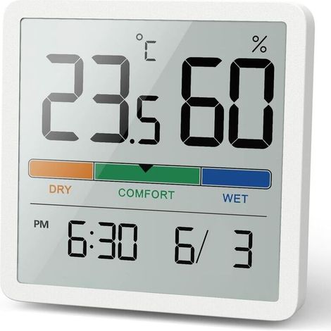 Hygromtre Thermomtre d\'intrieur, thermomtre numrique de bureau avec moniteur de temprature et d\'humidit, thermomtre d\'ambiance jauge d\'humidit prcise avec horloge(Blanc)