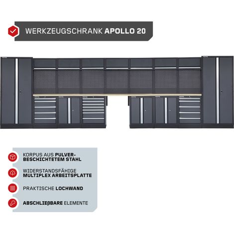 FEISTOS Werkstatteinrichtung  Werkzeugschrank Apollo 19  inkl. Lochwand  Grau/Schwarz  660x46x200 cm (1/5)