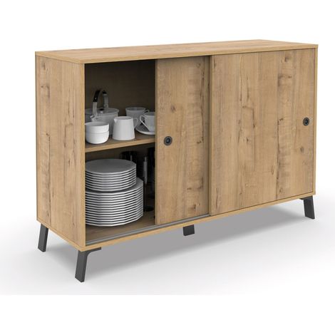 Buffet meuble de rangement 2 portes coulissantes et 4 compartiments coloris Chêne doré - Longueur 120 x Profondeur 40 x Hauteur 87 cm (1/4)