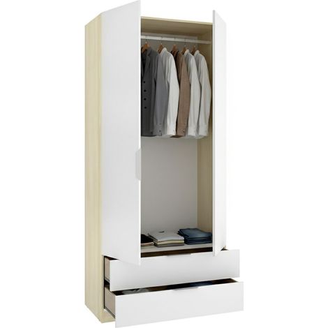 Garderobenschrank Montclare, Schlafzimmer, 2 Türen, 2 Schubladen, 1 Ablage, 51x204h cm, Weiß