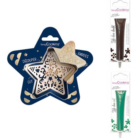 Kit pour biscuit en relief Étoile + 2 Stylos au chocolat marron et vert (1/2)