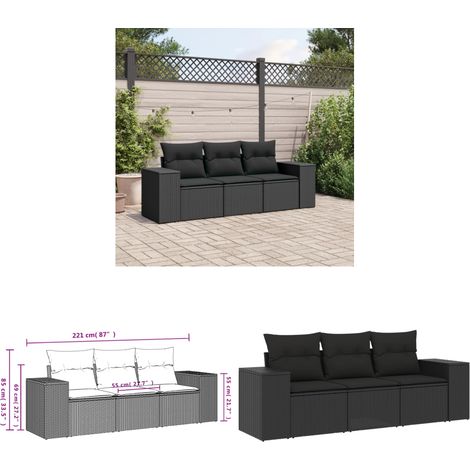 3-tlg. Garten-Sofagarnitur mit Kissen Schwarz Poly Rattan - Gartensofas - Outdoor Möbel - Gartenmöbel Set - Rattan Gartenmöbel - Lounge Set - Home & Living (1/3)
