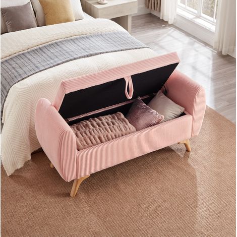 Banc coffre pliable 145x51x57 cm pour chambre, salon ou entrée, avec rangement, pieds en bois, corduroy - rose (1/5)
