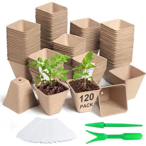Vasi per piantine da 8 cm, 120 pezzi, vasi per piantine, vasi per rinvaso con etichette e attrezzi, senza torba, non necessitano di trapianto, ideali per serra, giardino, orto e piantine da fiore.
