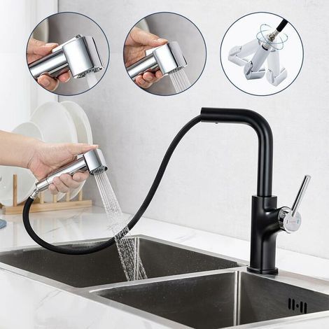 Robinet de cuisine avec douchette extractible, douchette double pour évier, bec haut, rotation à 360° et aérateur amovible. (1/4)