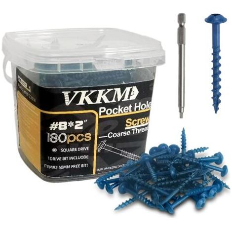 Blue Pocket Self-Drilling Screws with Square Notch, 180Pcs 82" - Furniture Assembly Pockets, Interior/Wood Project, Protective Coating, with 50mm Bit, For Craftsmen & Hobbyists (1/4)