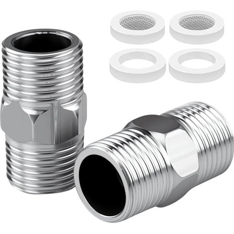 Lot de 2 adaptateurs de tuyau de douche 1/2" en acier inoxydable - Double mamelon - Rallonge filetée - Avec 2 pièces à bulles d'air - Filtre - 2 joints (1/5)