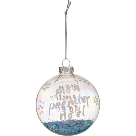 Déco Sapin Boule de Noël en Verre D 8 cm bleu décor mon premier noël pailleté - Feeric Christmas