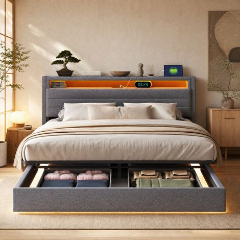 Lit coffre 160x200 cm en lin gris avec LED, USB et tête de lit rabattable HAVRYA (1/5)