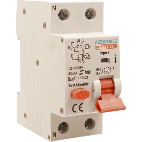 RCBO Interruttore Magnetotermico Differenziale Tipo F Curva C 1P+N 2M 6000A 30mA AC 230V IP20 IEC61009-1, Corrente Disponibili 10A 16A 20A 25A 32A 40A 63A (C16A)
