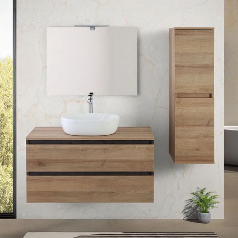 Mobile bagno sospeso 100 cm ossido e rovere con top lavabo e specchio Kleo (1/5)