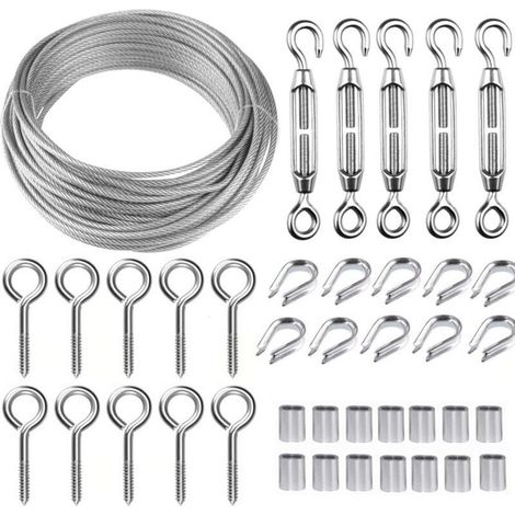 Kit de câble métallique en acier inoxydable de 30 m/2 mm avec tendeur de fil robuste M5, kit de rouleau de fil de clôture, kit de garde-corps de câble, tendeurs de fil de jardin pour plantes grimpante (1/4)