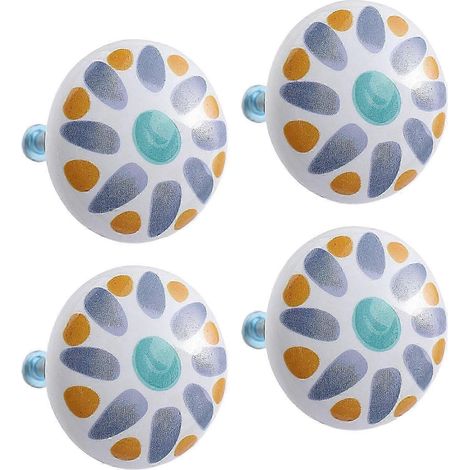 Lot de 4 boutons de tiroir en céramique, poignées de commode rondes de 38 mm, jolis boutons décoratifs pour armoire, penderie, chambre d'enfant-Dark Blue Flower