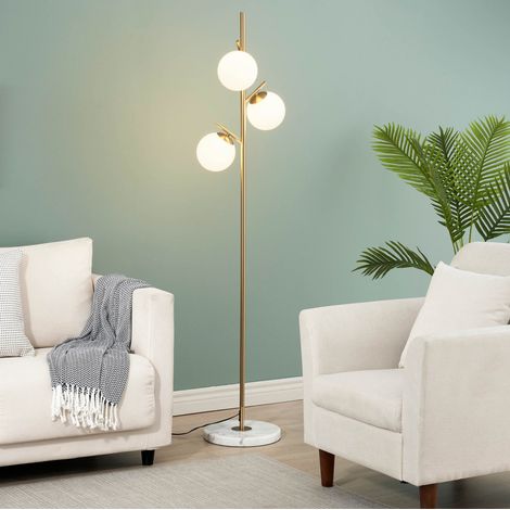 Kosilum – Lampadaire doré 3 globes blanc – Socle en marbre – Hauteur 165 cm – Diffusion lumière chaleureuse – Ampoules G9 incluses