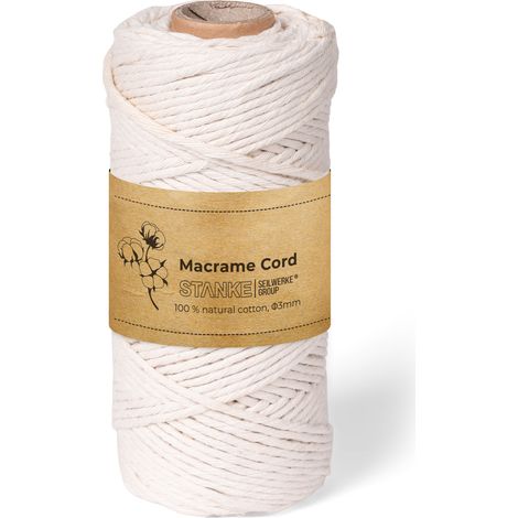 STANKE Fil macramé 3mm 100 m couleur Naturel - fil de coton pour crochet, DIY boho, paniers, attrape-rêves - corde coton pour guirlandes, dessous de verre, sacs - 100% cotton, torsadé, grande bobine