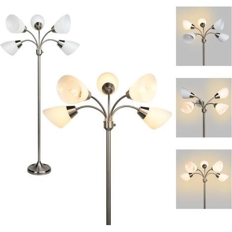 Lampe Industrielle sur Pied Argent, Luminaires Intérieur sur Pied 5 Lampes, Lampadaire sur Pied avec Interrupteur à Bouton pour Salon Chambre Bureau (1/5)