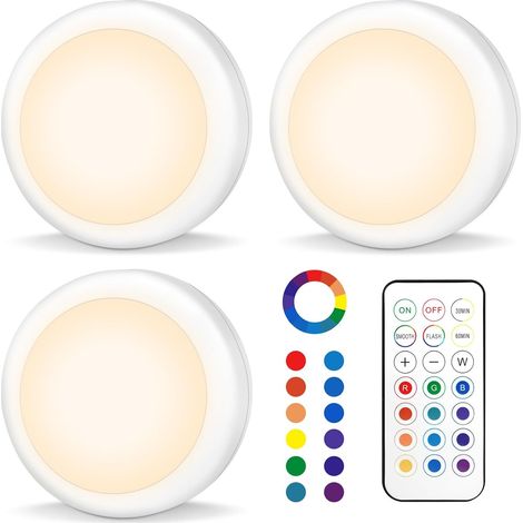 3pcs Veilleuses Détecteur de Mouvement, à Piles 3AA, Télécommande Éclairage d'Armoire, Lampe Adhésive LED avec Base Magnétique, pour Éclairage d'Escalier, Chambre, Couloir, Cuisine (1/5)