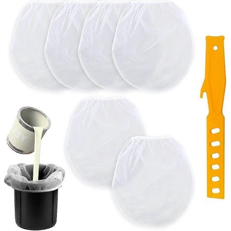 Lot de 6 sacs filtrants pour peinture de 7,5 litres (2 gallons), passoire blanche pour seau, couteau à mastic en plastique, ouverture élastique sur le dessus, pour peinture et jardinage. (1/5)