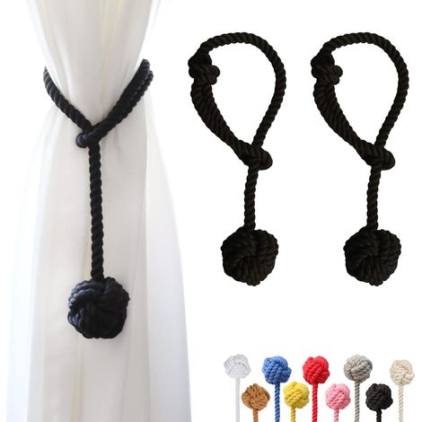 Lot de 2 Embrasses Rideaux Corde Coton Boule Tissée Noir Extérieur Intérieur (1/5)