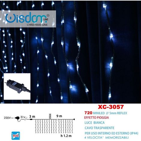 Wisdom - Tenda Luminosa Natalizia 720 Mini Led Effetto Pioggia Luce Bianca Ip44 Xc-3057 -