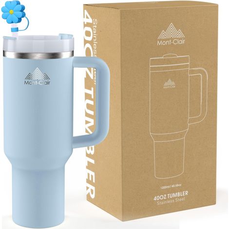 Tumbler Isotherme 40oz avec Paille et Poignée - Froid 10h Glacé 48h S'Adapte au Porte-Gobelet, sans BPA, Acier Inoxydable, Élégant, Durable, Double Paroi Isolante - Glacier (1/5)