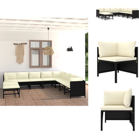 9-tlg. Garten-Lounge-Set mit Kissen Poly Rattan Schwarz - Gartengeräte - Loungemöbel - Gartenloungeset - Outdoormöbel - Rattanmöbel (1/5)