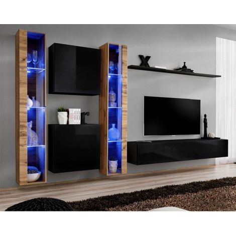 Meuble TV Mural Design "Switch XVI" 330cm Noir & Naturel (1/4)