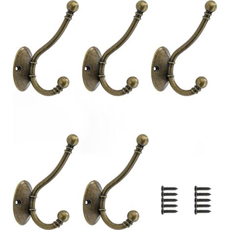 Lot de 5 crochets muraux doubles robustes en bronze vintage, avec 10 vis, pour suspendre manteaux, chapeaux, écharpes, peignoirs et sacs. (1/5)