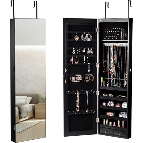 Armadio portagioie con specchio in legno a parete con LED interno 35,5x10x120cm Nero (1/5)