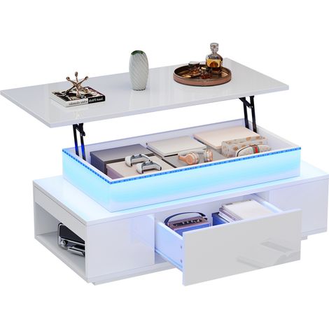 CHICFURN Tavolino da caffè elevabile 96 x 45 x 40 cm bianco con LED e vano contenitore (1/5)