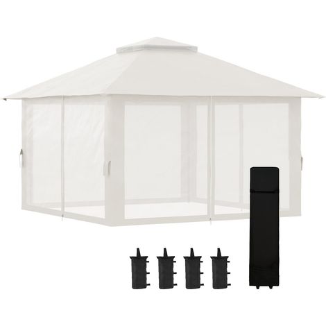 Faltpavillon 4x4 m mit 4 Netzvorhängen, höhenverstellbar, UV-Schutz, Doppeldach, Tragetasche, cremeweiß für Garten & Veranstaltungen
