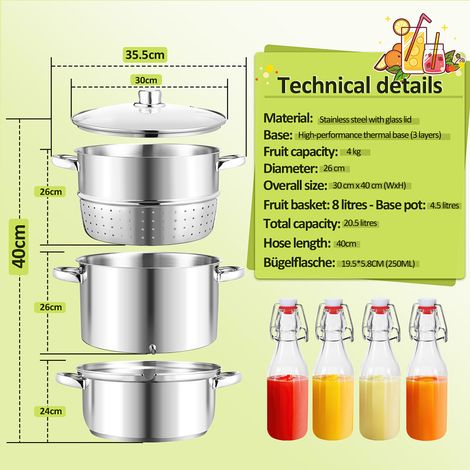 Randaco – Extracteur de jus à vapeur 8 L en acier inoxydable – Extraction douce, fond encapsulé pour tous types de cuisinières – Ø 26 cm, lavable au lave-vaisselle
