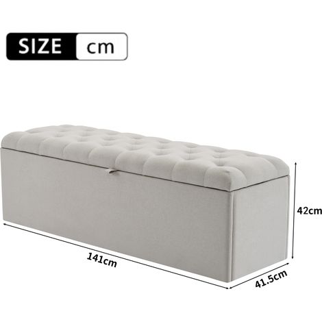 Banc en lin rembourré, 141 x 41,5 x 47 cm (L x P x H), siège moelleux, coffre de rangement, tabouret de pied de lit, gris clair (1/5)