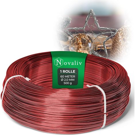 Fil d'aluminium Novaliv rouge de 60 mètres, 2 mm, idéal pour les loisirs créatifs, polyvalent pour les projets de bricolage et de décoration, rouleau