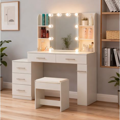 Coiffeuse 100x40,5x136 cm blanche avec miroir coulissant, LED et rangements, MDF, MEUBLIV (1/5)