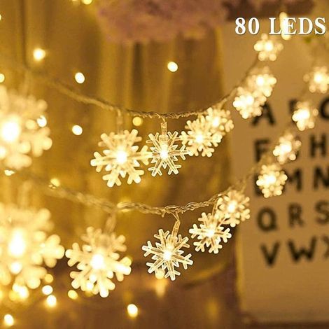 Guirlande Lumineuse Flocon De Neige 10m 80 LED Batterie De Noël Guirlande Lumineuse Intérieur et Extérieur Imperméable Blanc Chaud pour Noël Mariage Garden Party
