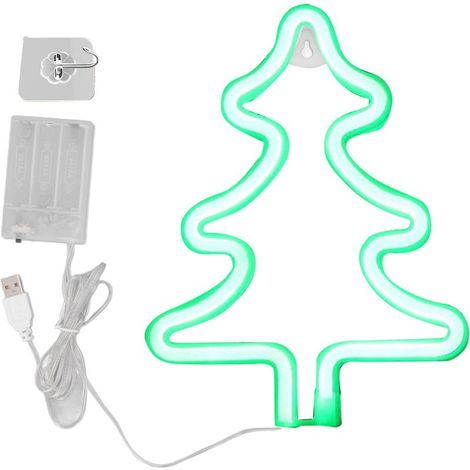 [Sapin Lumineux LED] Neon Lumière pour Noël - Signe en Acrylic Silicone, 25cm x 20.5cm, Éco-Énergie USB/Batteries, Vert, avec Crochet pour Décor Bureau Mur. (1/4)