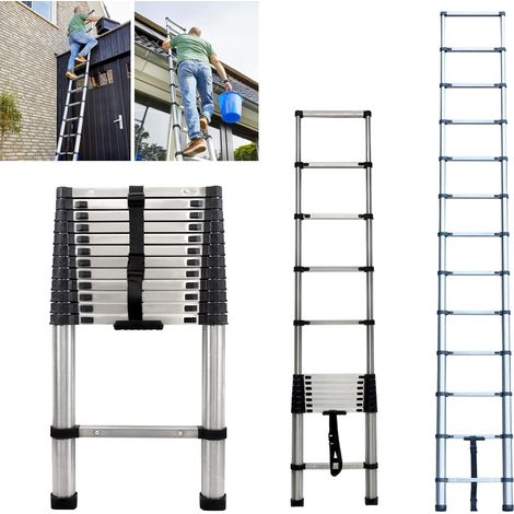 échelle rétractable portative pliante rétractable en acier inoxydable de 12,5 pieds, 3,8 mètres, adaptée à la maison ou au bureau, au nettoyage, à l'entretien, à la décoration (1/5)
