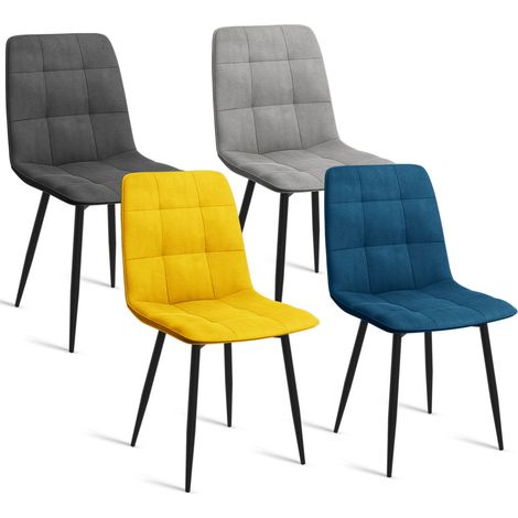 Idmarket – Lot de 4 chaises en velours – Assise matelassée 45 cm – Pieds en métal noir – Couleurs bleu, gris clair, gris foncé, jaune (1/5)